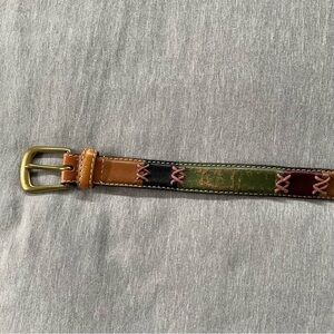 Vintage Multicolor Leather Belt with Solid Brass Buckle Belt Size Small